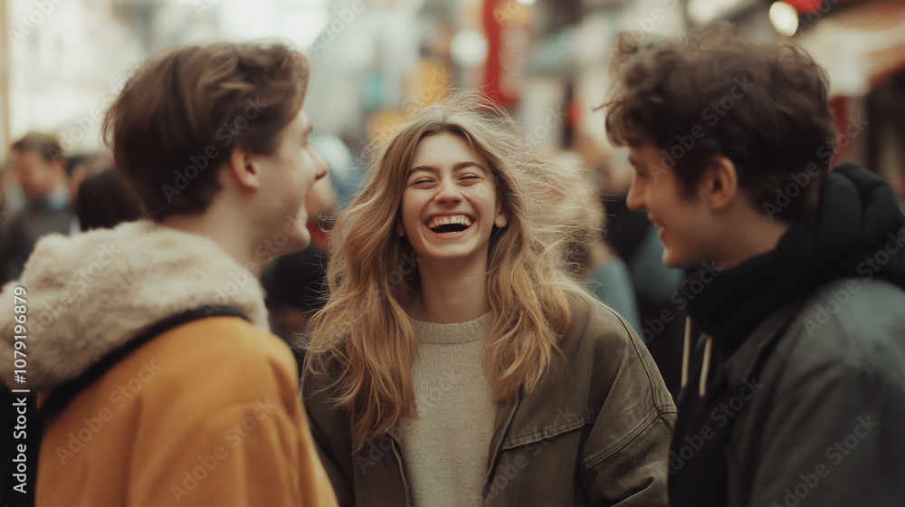 Group of friends laughing and enjoying their time together in a busy outdoor urban environment, capturing genuine joy and camaraderie. Group of friends laughing and enjoying their time together in a busy outdoor urban environment, capturing genuine joy and camaraderie.