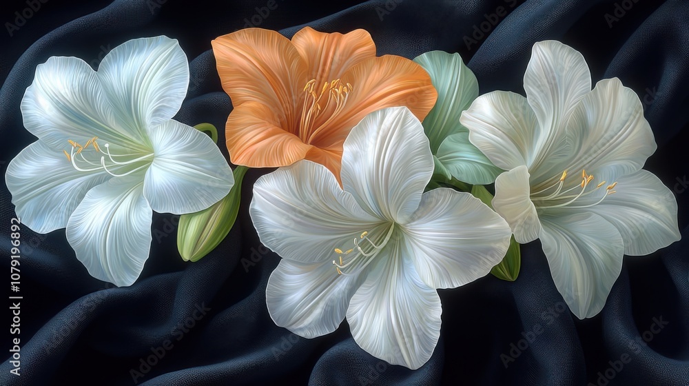 Elegant Amaryllis Blooms on Dark Fabric Background Elegant Amaryllis Blooms on Dark Fabric Background