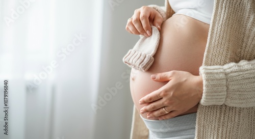 Expectant mother holding baby hat on pregnant belly in cozy atmosphere