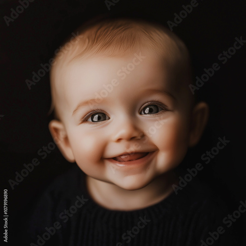 Close-up of a smiling baby with big blue eyes and two tiny teeth visible, radiating pure happiness and innocence against a dark background.