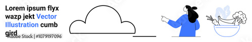 Woman pointing at a cloud next to fresh vegetables in a bowl, representing digital storage and cooking. Ideal for culinary themes, recipe blogs, digital integration, online storage, cloud computing