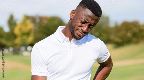 Man experiencing discomfort while playing outdoor sport.