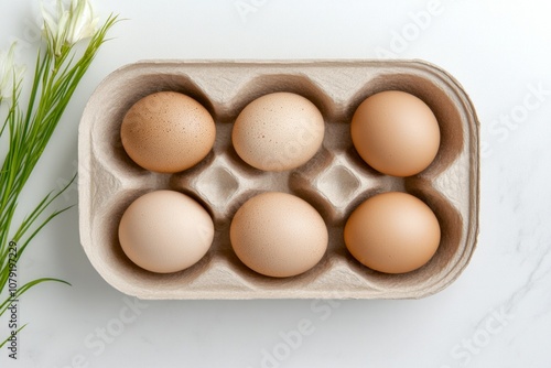 Minimalist paper tray mockup featuring eggs nestled in an egg carton on a soft surface photo