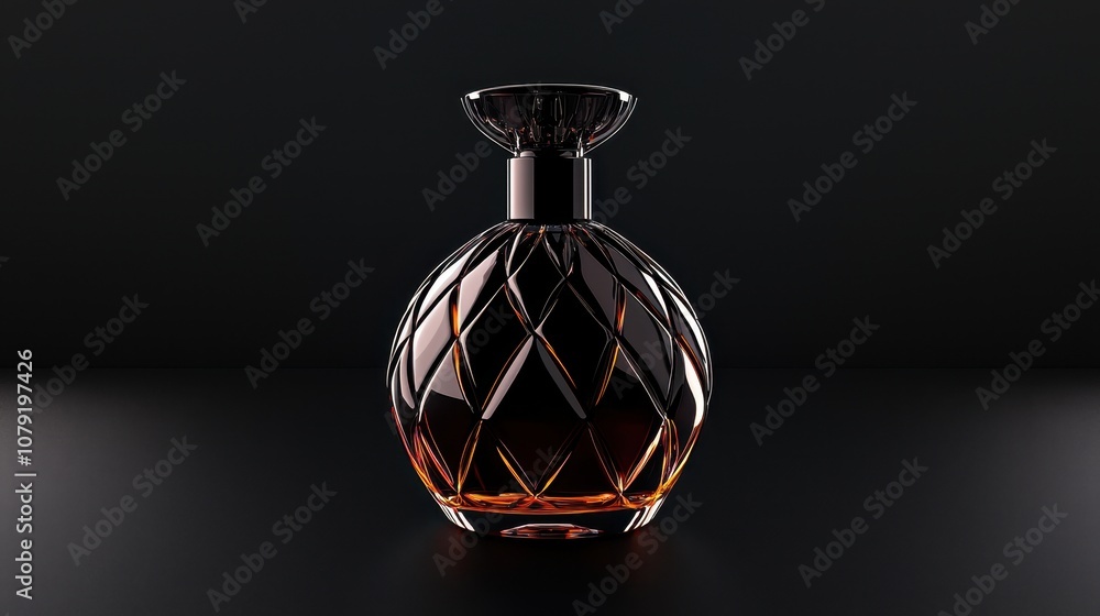 Obraz premium A beautifully designed glass bottle with an intricate pattern, showcasing a rich amber liquid, set against a dark background.