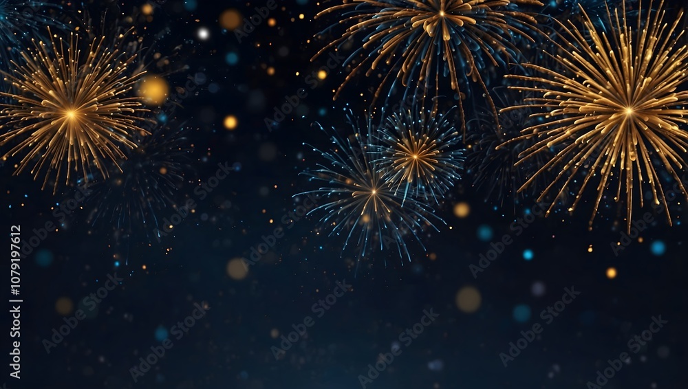 Naklejka premium Colorful gold and blue fireworks explode against a dark night sky, scattered with tiny lights.