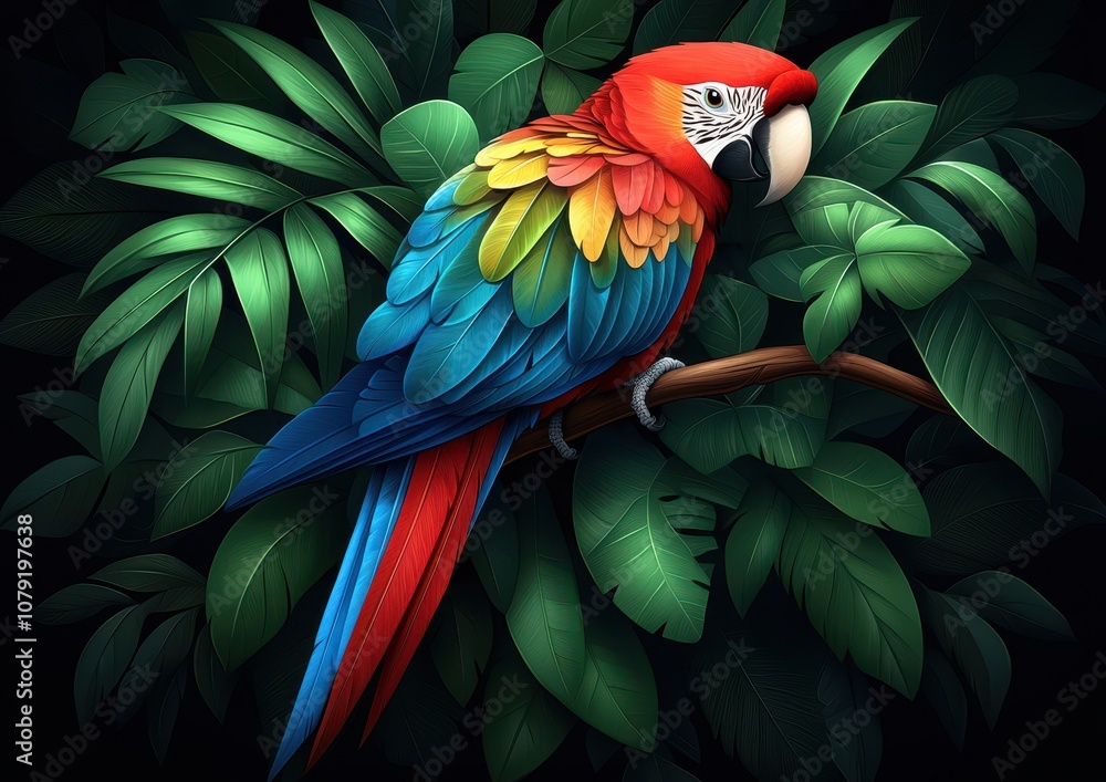 Fototapeta premium A vibrant parrot perched on a branch surrounded by lush green leaves, showcasing stunning, colorful plumage.