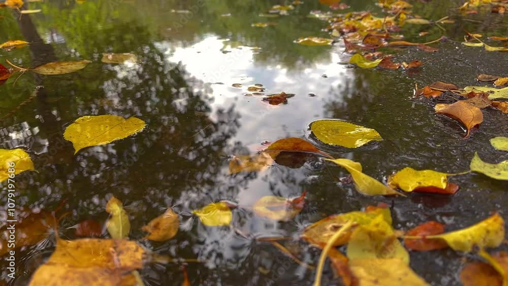 Rain falls gently on a puddle, creating ripples that reflect trees and clouds above. Yellow leaves float serenely on the water's surface, enhancing the tranquil autumn scene Rain falls gently on a puddle, creating ripples that reflect trees and clouds above. Yellow leaves float serenely on the water's surface, enhancing the tranquil autumn scene