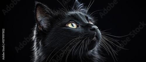 A close-up of a black cat with striking yellow eyes, glistening droplets on its fur, set against a dramatic black background.