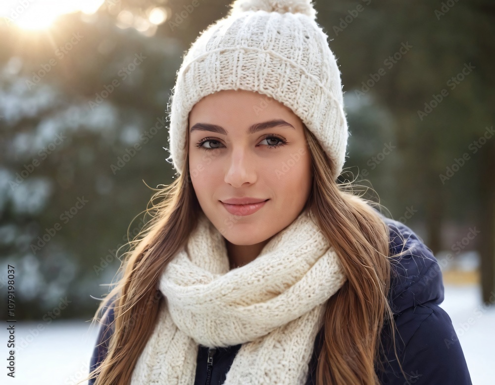 A young woman enjoys a winter day in a snowy park, wearing a cozy knitted hat and scarf A young woman enjoys a winter day in a snowy park, wearing a cozy knitted hat and scarf