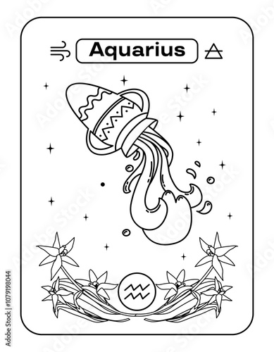 Water splashes out from an old jug. Postcard zodiac sign Aquarius. Black and white line flat vector illustration. Eps10
