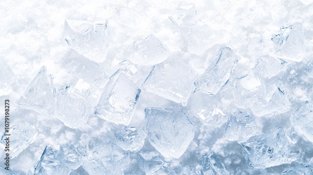 A close-up of clear ice crystals, showcasing a cold texture and shimmering appearance against a white background. A close-up of clear ice crystals, showcasing a cold texture and shimmering appearance against a white background.