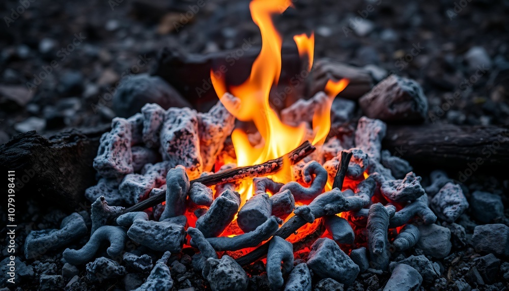 Sparkling Flames on a Pile of Charcoal in Nature Generative AI Sparkling Flames on a Pile of Charcoal in Nature Generative AI