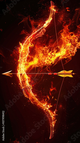 bow with a burning arrow, orange flame on a black background, astrological sign, vertical