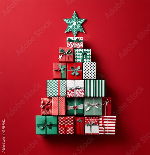 A Christmas tree made of gift boxes on a red background, with a green and white patterned star at the top. The presents have different sizes and designs, creating an eye-catching visual effect photo