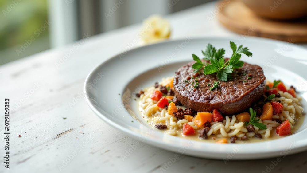 A delicious-looking plate of food with meat accompanied by a colorful vegetable medley. A delicious-looking plate of food with meat accompanied by a colorful vegetable medley.