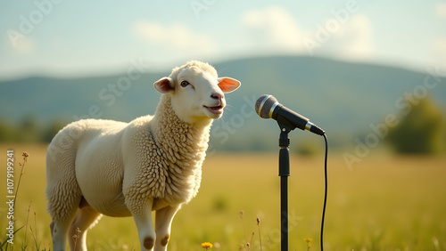 A sheep stands outdoors in a field, appearing to sing into a microphone, combining natural animal presence with the humorous concept of animals photo