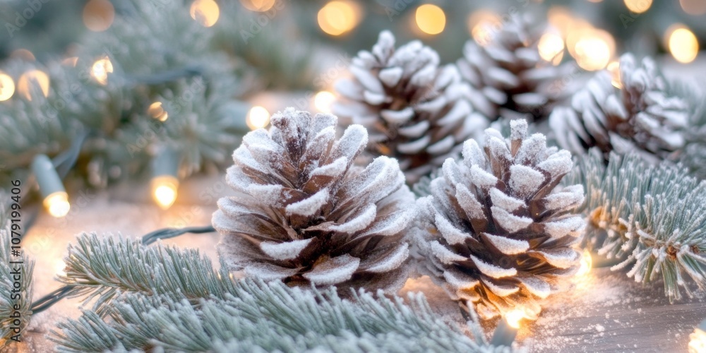 Cozy Christmas frame with twinkling lights, evergreen branches, and snow-dusted pinecones for a festive atmosphere Cozy Christmas frame with twinkling lights, evergreen branches, and snow-dusted pinecones for a festive atmosphere