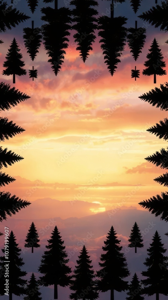Pattern of black Christmas tree silhouettes against a colorful sunset sky, Christmas trees, nature Pattern of black Christmas tree silhouettes against a colorful sunset sky, Christmas trees, nature