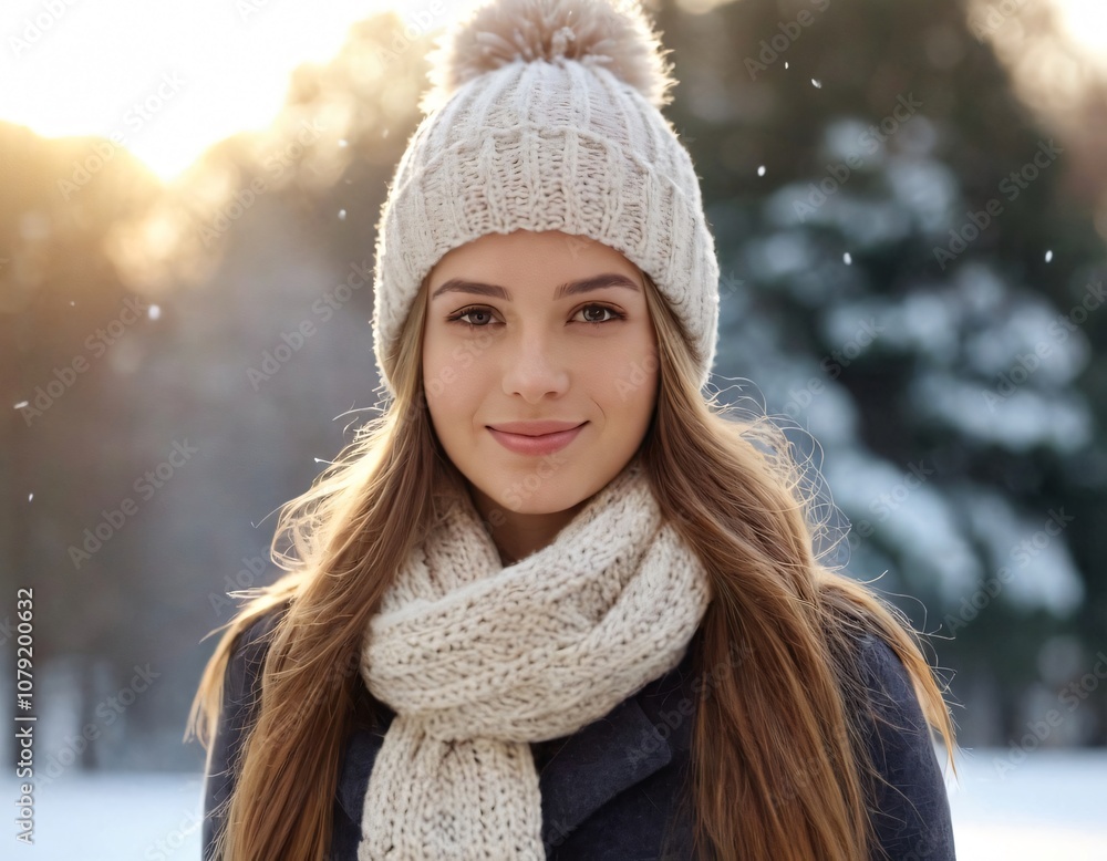 A young woman enjoys a winter day in a snowy park, wearing a cozy knitted hat and scarf A young woman enjoys a winter day in a snowy park, wearing a cozy knitted hat and scarf
