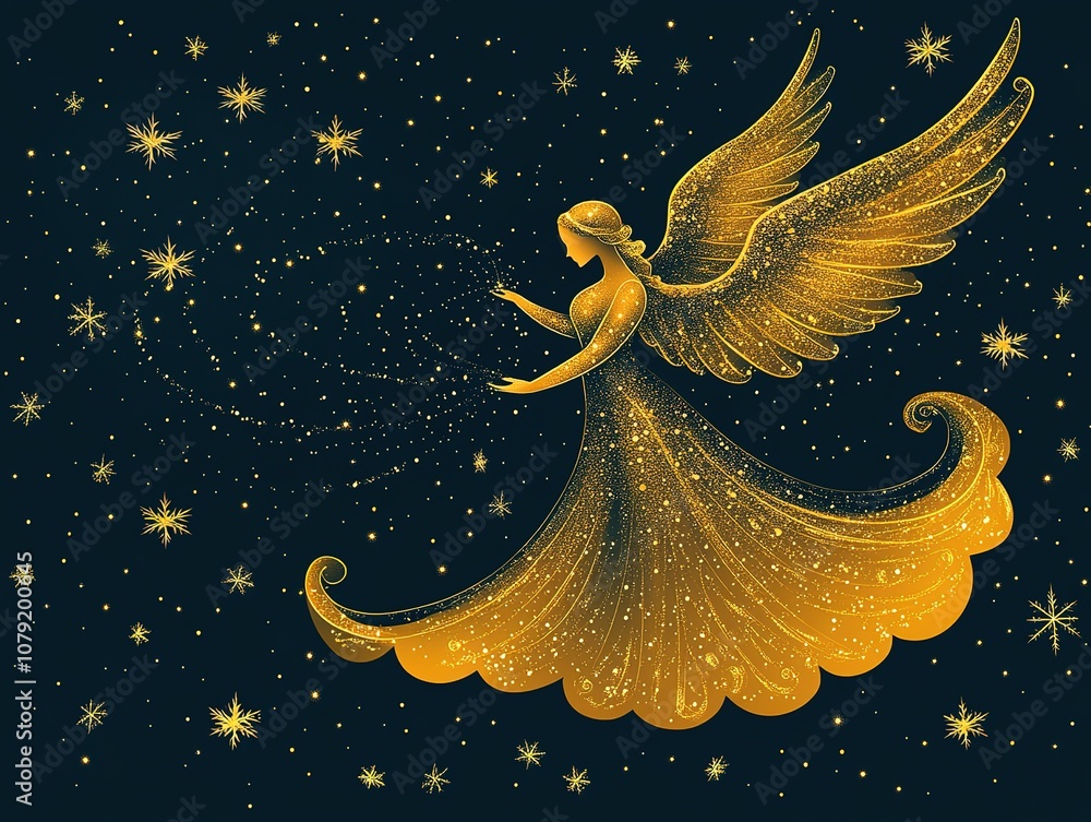 A golden angel with flowing wings and a shimmering gown, spreads her arms against a dark blue starry sky. A golden angel with flowing wings and a shimmering gown, spreads her arms against a dark blue starry sky.