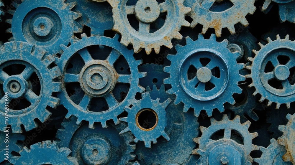 Close-Up View of Interlocking Industrial Gears in Blue Color, Showcasing Intricate Mechanical Design and Textures for Engineering and Manufacturing Themes Close-Up View of Interlocking Industrial Gears in Blue Color, Showcasing Intricate Mechanical Design and Textures for Engineering and Manufacturing Themes