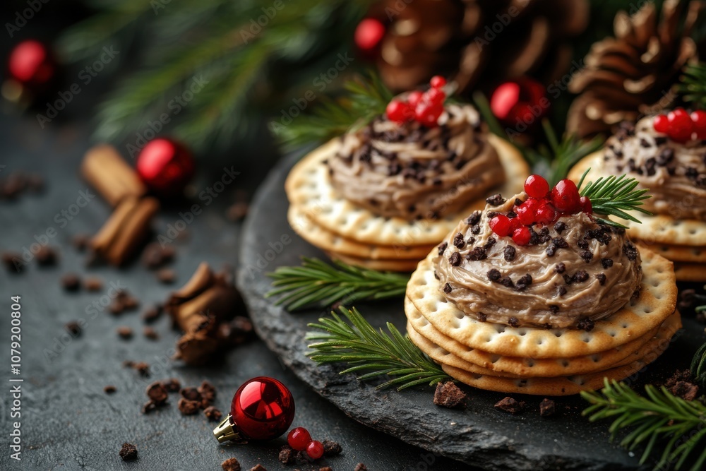 holiday party menu, delightful holiday canapes with truffle spread on crackers, showcased in a banner for a gourmet christmas feast holiday party menu, delightful holiday canapes with truffle spread on crackers, showcased in a banner for a gourmet christmas feast