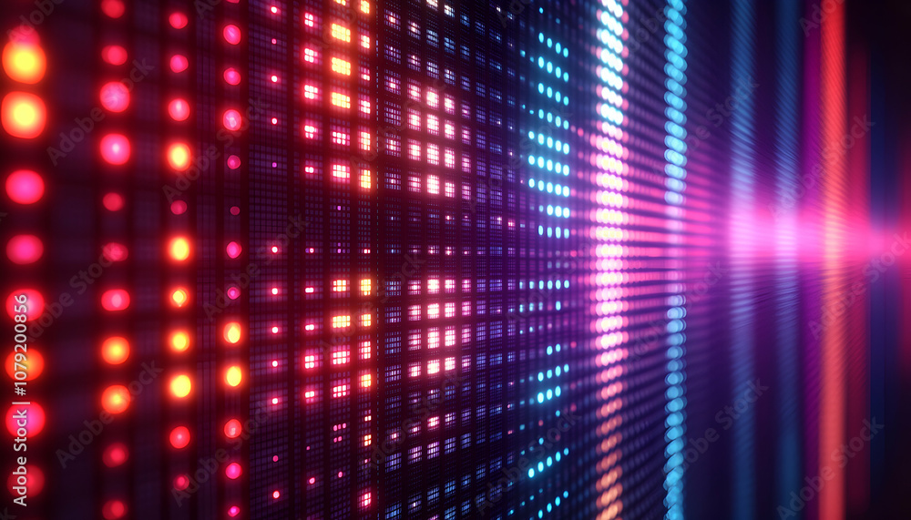 Abstract background of glowing LED lights in red, blue, and pink colors. Abstract background of glowing LED lights in red, blue, and pink colors.