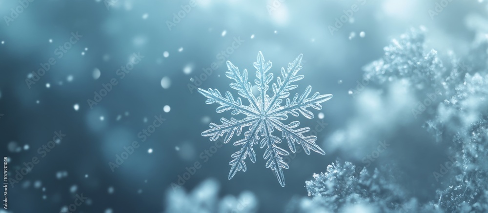 A delicate snowflake in the center of an abstract background with light blue tones, surrounded by falling snowflakes. The background is blurred to create depth and space for text or images. This desig A delicate snowflake in the center of an abstract background with light blue tones, surrounded by falling snowflakes. The background is blurred to create depth and space for text or images. This desig