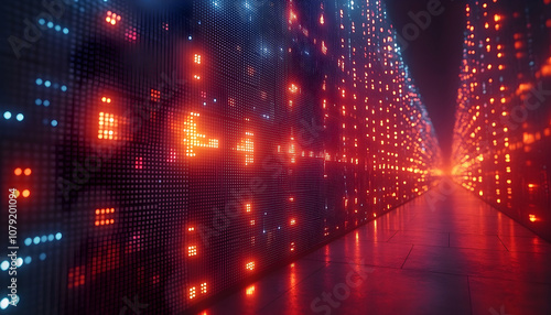 Abstract digital corridor with glowing red and blue lights.