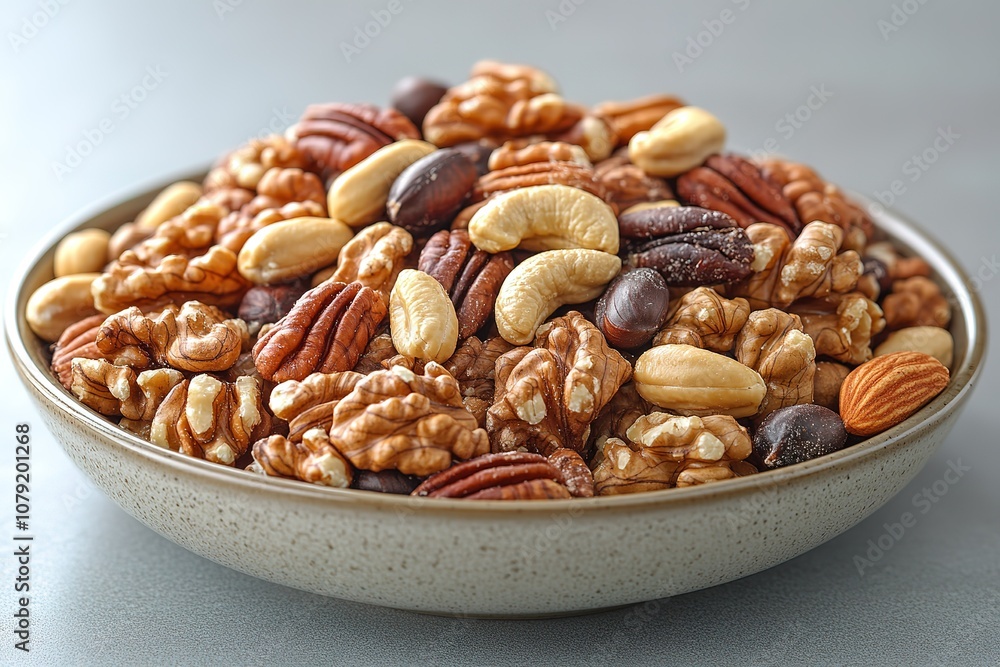 A bowl of mixed nuts, including walnuts, pecans, cashews, and almonds. A bowl of mixed nuts, including walnuts, pecans, cashews, and almonds.