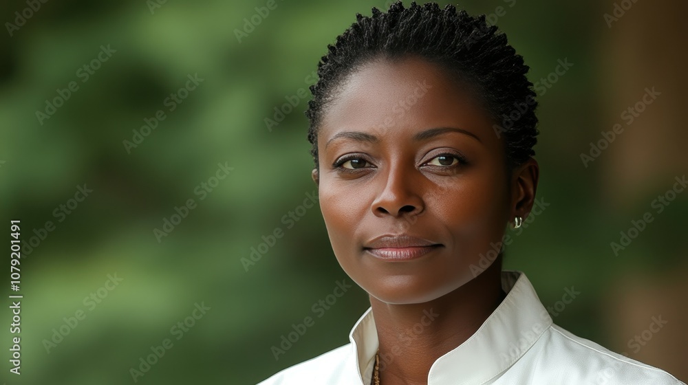 A woman with natural hair exudes confidence as she gazes thoughtfully in an outdoor setting. Her calm demeanor contrasts with the vibrant greenery behind her A woman with natural hair exudes confidence as she gazes thoughtfully in an outdoor setting. Her calm demeanor contrasts with the vibrant greenery behind her