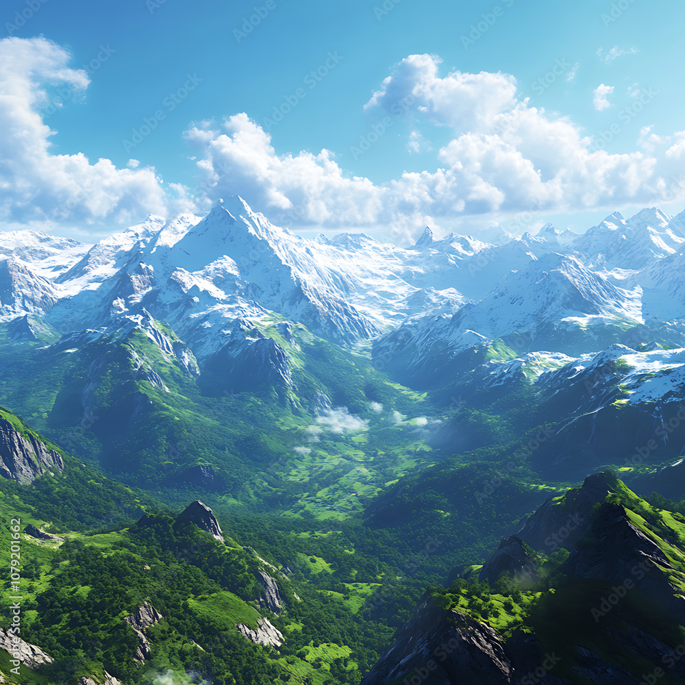 A Panoramic View of a Majestic Mountain Range, Blanketed in Snow, Surrounded by Clear Blue Skies and Breathtaking Natural Beauty A Panoramic View of a Majestic Mountain Range, Blanketed in Snow, Surrounded by Clear Blue Skies and Breathtaking Natural Beauty