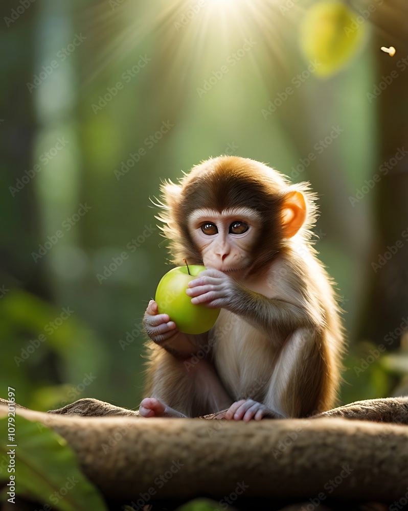 Naklejka premium A Baby Monkey Eating a Green Apple in a Forest Setting