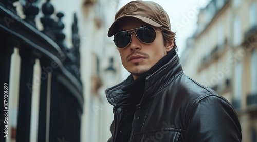A young man in a leather jacket, cap, and sunglasses stares intently at the camera.