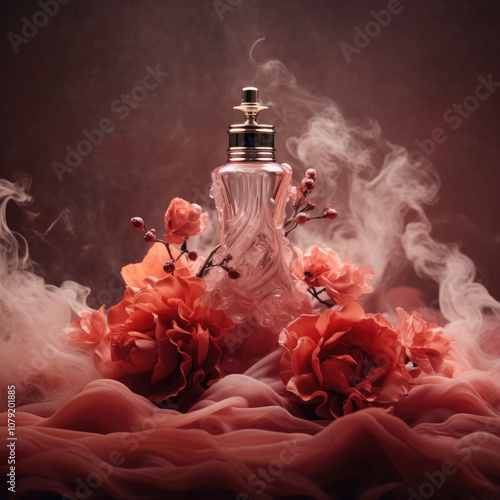 Bottle of perfume with a floral design and smoke, set against a dark background. photo