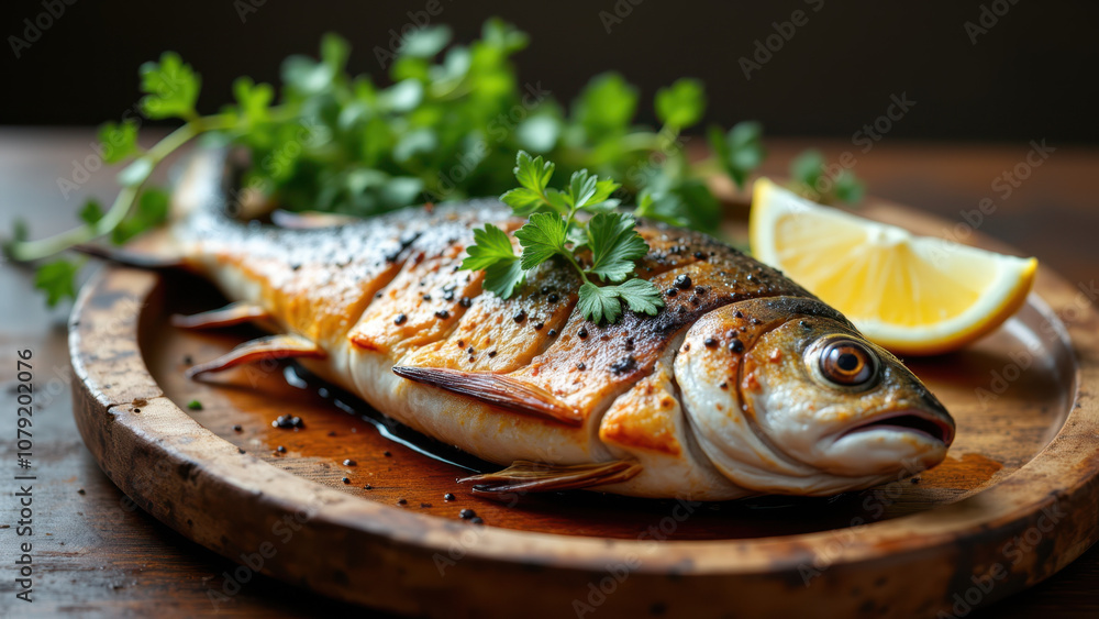 Grilled fish on a wooden cutting board with lemon and herbs. Grilled fish on a wooden cutting board with lemon and herbs.