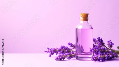 Lavender oil on the right. Bottle of essential lavender oil and lavender flowers, light purple background. Empty copy space. Cosmetology and aromatherapy