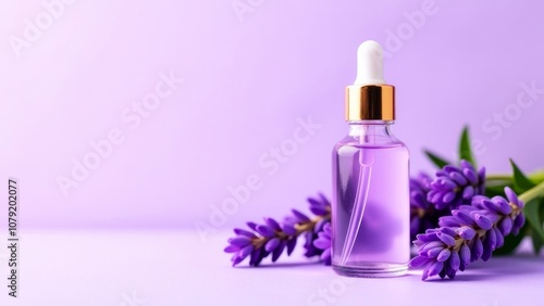 Lavender oil on the right. Bottle of essential lavender oil and lavender flowers, light purple background. Empty copy space. Cosmetology and aromatherapy