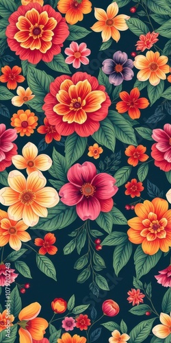 Wallpaper Mural Seamless floral pattern featuring colorful flowers and leaves, textile Torontodigital.ca