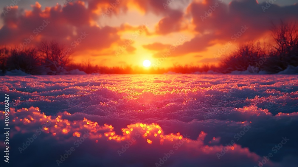 Sunset Over Snow Field - Close Up View Photo Sunset Over Snow Field - Close Up View Photo
