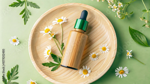 Obraz na płótnie Blank bottle with chamomile flowers on wooden plate isolated on green background, organic product mock up, self care cosmetics, copy space area w salonie