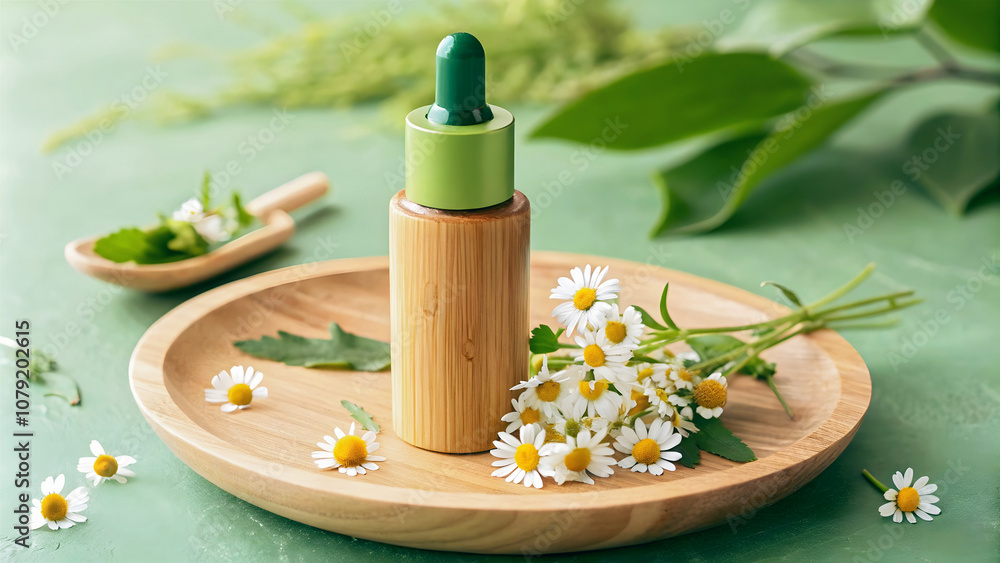 Blank bottle with chamomile flowers on wooden plate isolated on green background, organic product mock up, self care cosmetics, copy space area