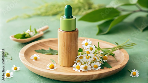 Obraz na płótnie Blank bottle with chamomile flowers on wooden plate isolated on green background, organic product mock up, self care cosmetics, copy space area w salonie