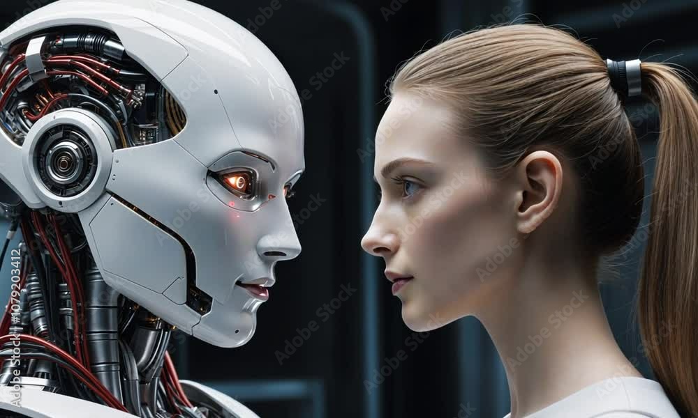 A human and robot face off in a futuristic lab, exploring advanced AI interactions in an innovative technological setting A human and robot face off in a futuristic lab, exploring advanced AI interactions in an innovative technological setting