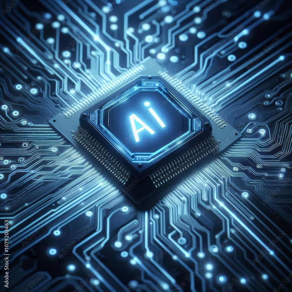 Glowing light blue neon AI chip with thin circuit contact lines. AI chip on technology background. Abstract digital tech background in monochrome blue. Semiconductor on a board
Glowing light blue neon AI chip with thin circuit contact lines. AI chip on technology background. Abstract digital tech background in monochrome blue. Semiconductor on a board