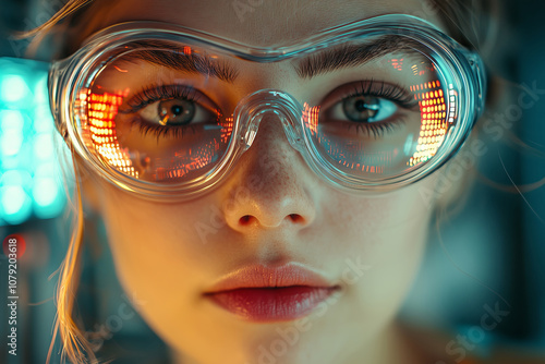 Female engineer in goggles, focused on tech in a lab