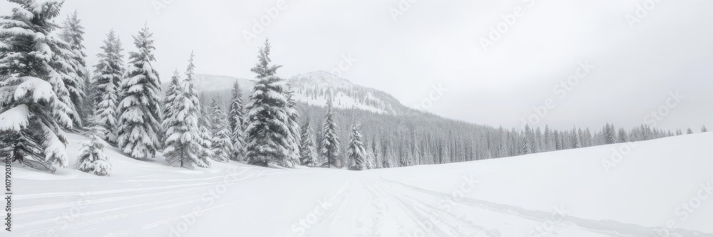 Snow covered mountain with snowy pine trees and snowboard tracks in the foreground, adventure sports Snow covered mountain with snowy pine trees and snowboard tracks in the foreground, adventure sports