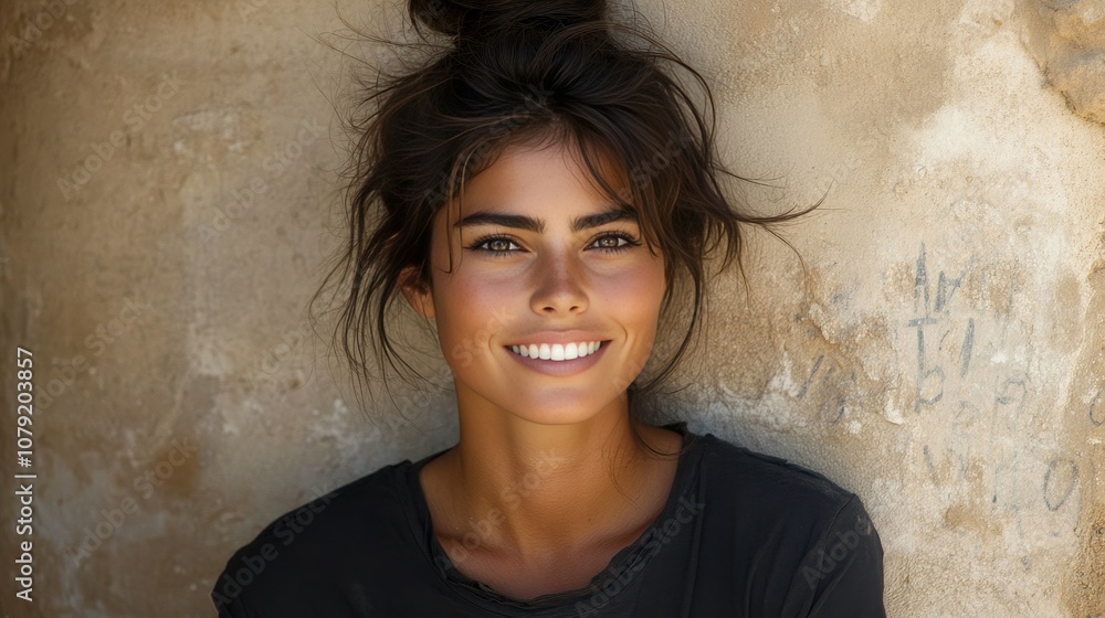 A young woman leans against an aged wall, sporting an effortless smile. Her tousled hair enhances her glowing appearance as sunlight illuminates her joyful expression A young woman leans against an aged wall, sporting an effortless smile. Her tousled hair enhances her glowing appearance as sunlight illuminates her joyful expression