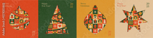 Christmas square tags set design with craft paper texture. Merry Christmas and happy new year greeting cards in paper cut style. Vintage muted color Vector illustration