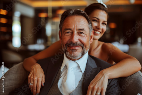 Man in a suit sits on a chair, with a woman smiling behind him with her hands on his shoulders. Concept of happiness, relationship, and celebration.